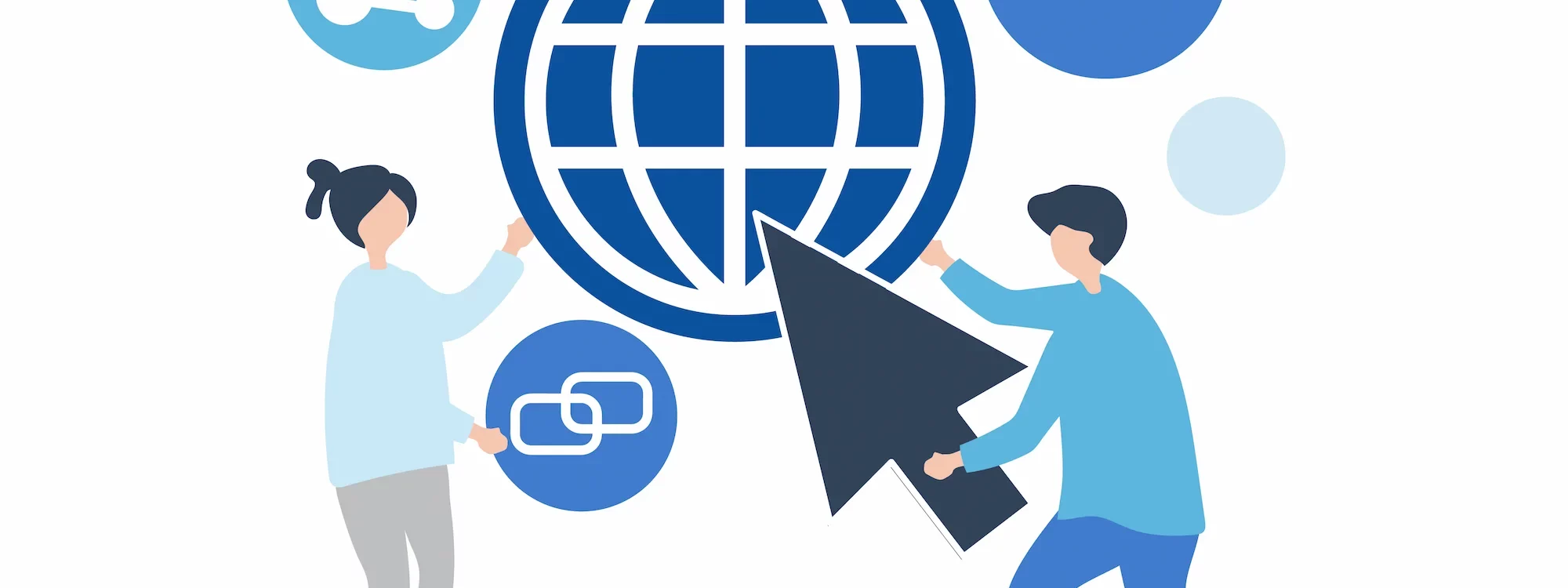 3585379_66224 2000X750 | Cekome Illustration de deux personnes interagissant avec des icônes symbolisant Internet, le cloud, le partage et les liens numériques