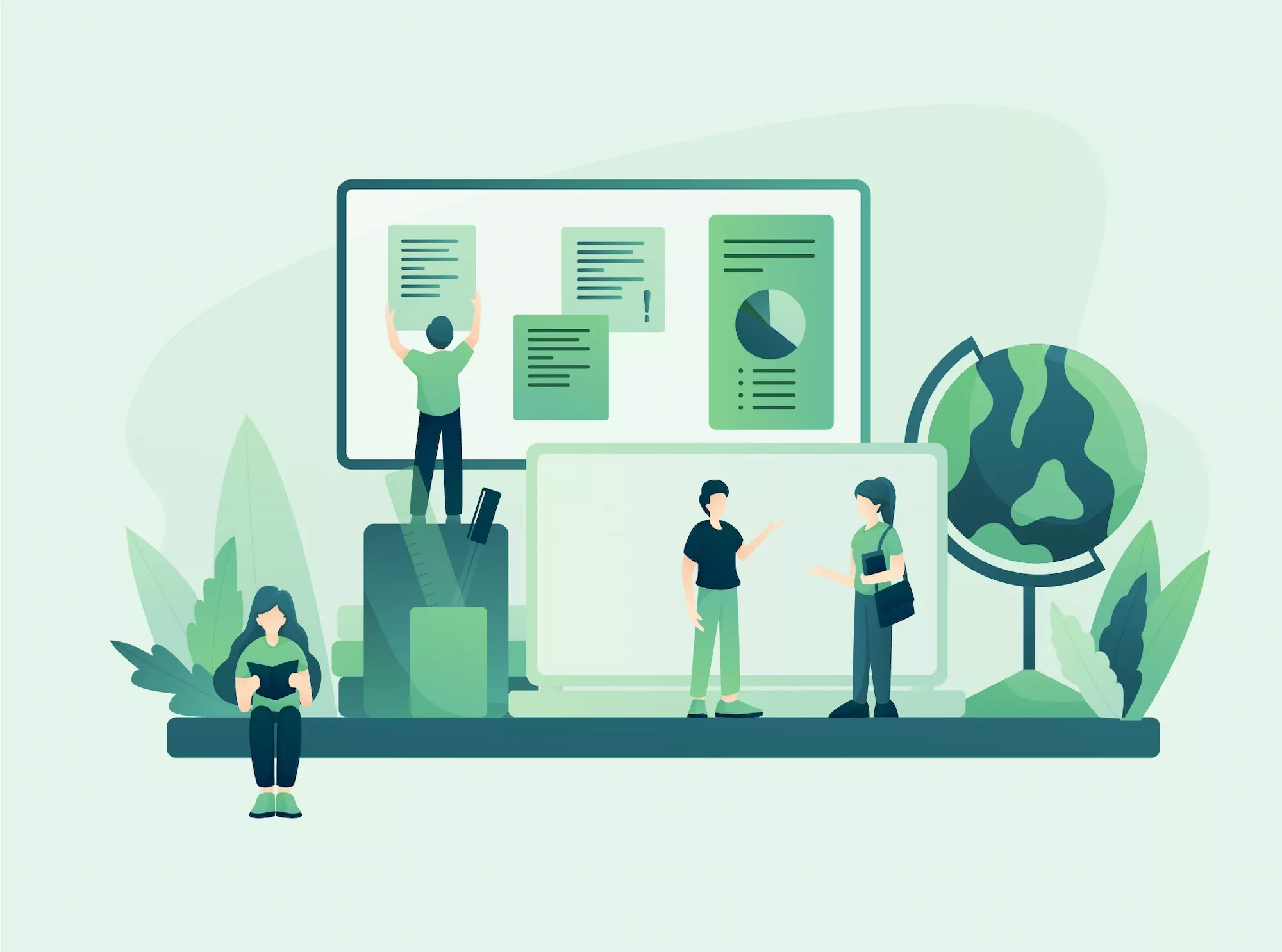 Illustration de jeunes en pleine activité éducative sur fond de tableau, globe terrestre et éléments écologiques