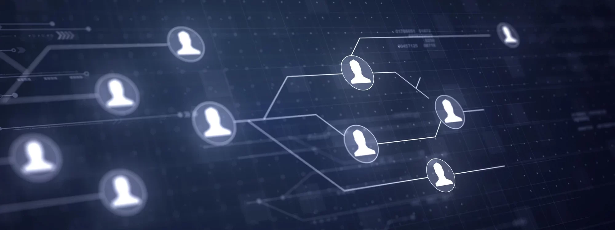 Illustration d&rsquo;un r&eacute;seau num&eacute;rique de profils utilisateurs connect&eacute;s sur fond technologique sombre