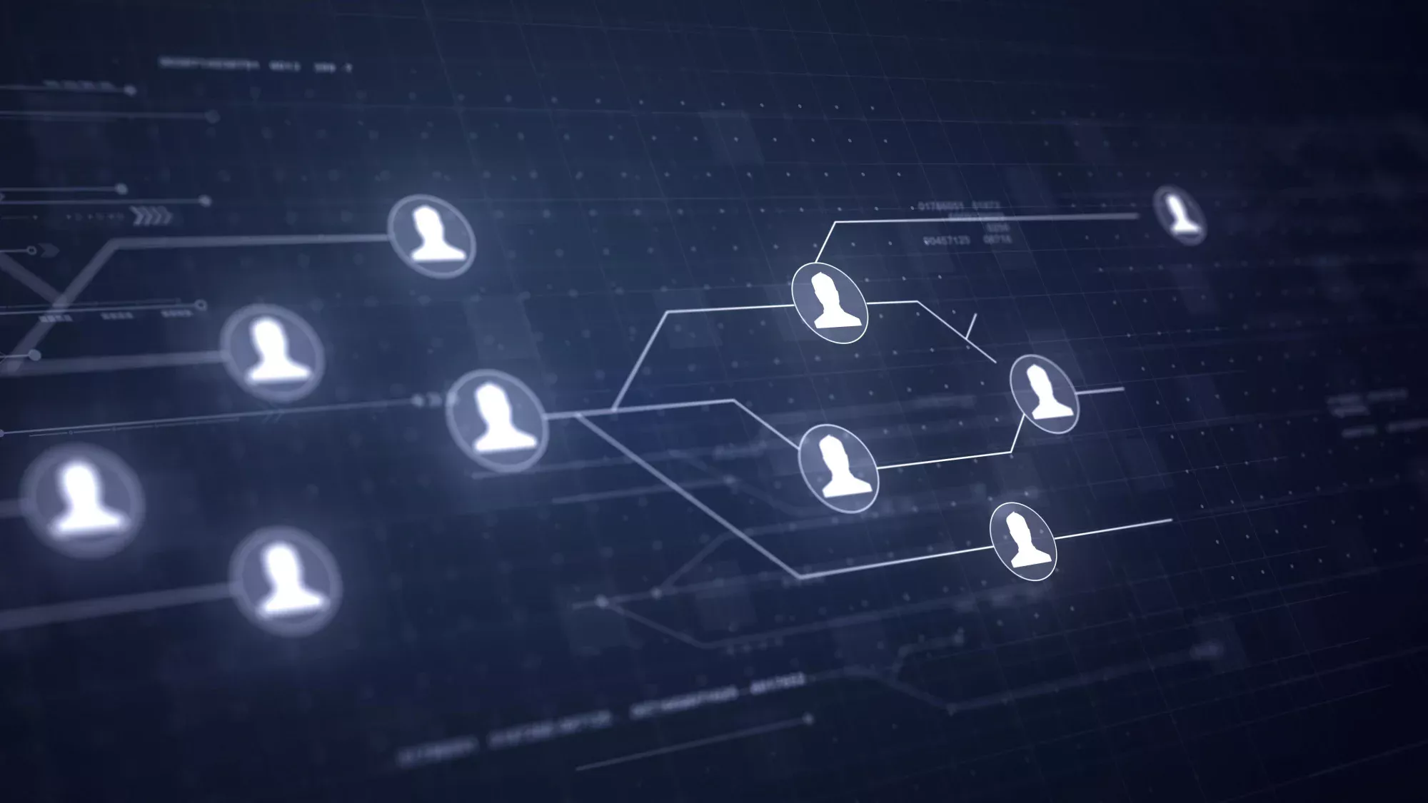 Illustration d’un réseau numérique de profils utilisateurs connectés sur fond technologique sombre