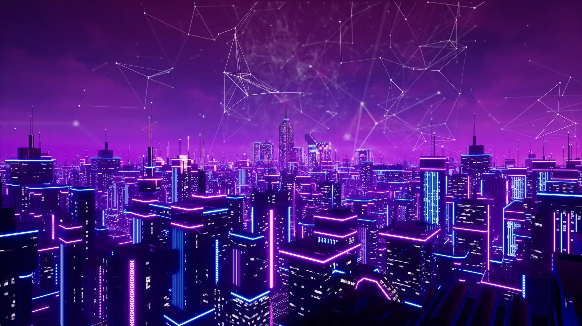 Paysage urbain futuriste en néon avec buildings lumineux et connexions numériques dans un univers virtuel.