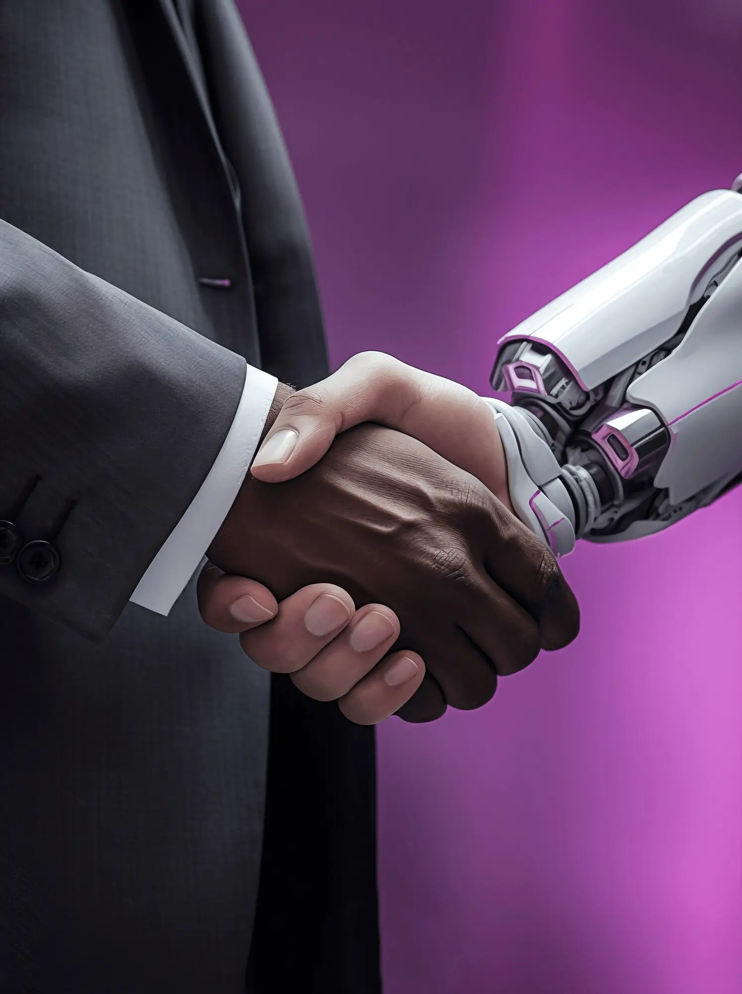 Poign&eacute;e de main entre un homme en costume et un robot symbolisant la collaboration entre humain et intelligence artificielle dans un CRM intelligent