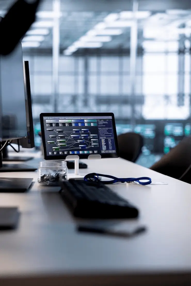 &Eacute;cran affichant un syst&egrave;me de flux de donn&eacute;es ou d&rsquo;automatisation dans un environnement de bureau moderne utilisant un CRM intelligent