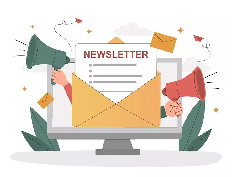 Illustration d’un écran d’ordinateur affichant une enveloppe avec une newsletter et des mains tenant des mégaphones pour la promotion