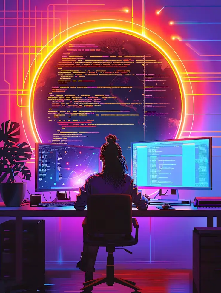 CYBER SECURITY EXPERTS WORKING WITH TECH DEVICES NEON LIGHTS_23 2151645630 | Cekome Illustration futuriste d’une développeuse codant sur plusieurs écrans devant une interface géante en forme de soleil numérique