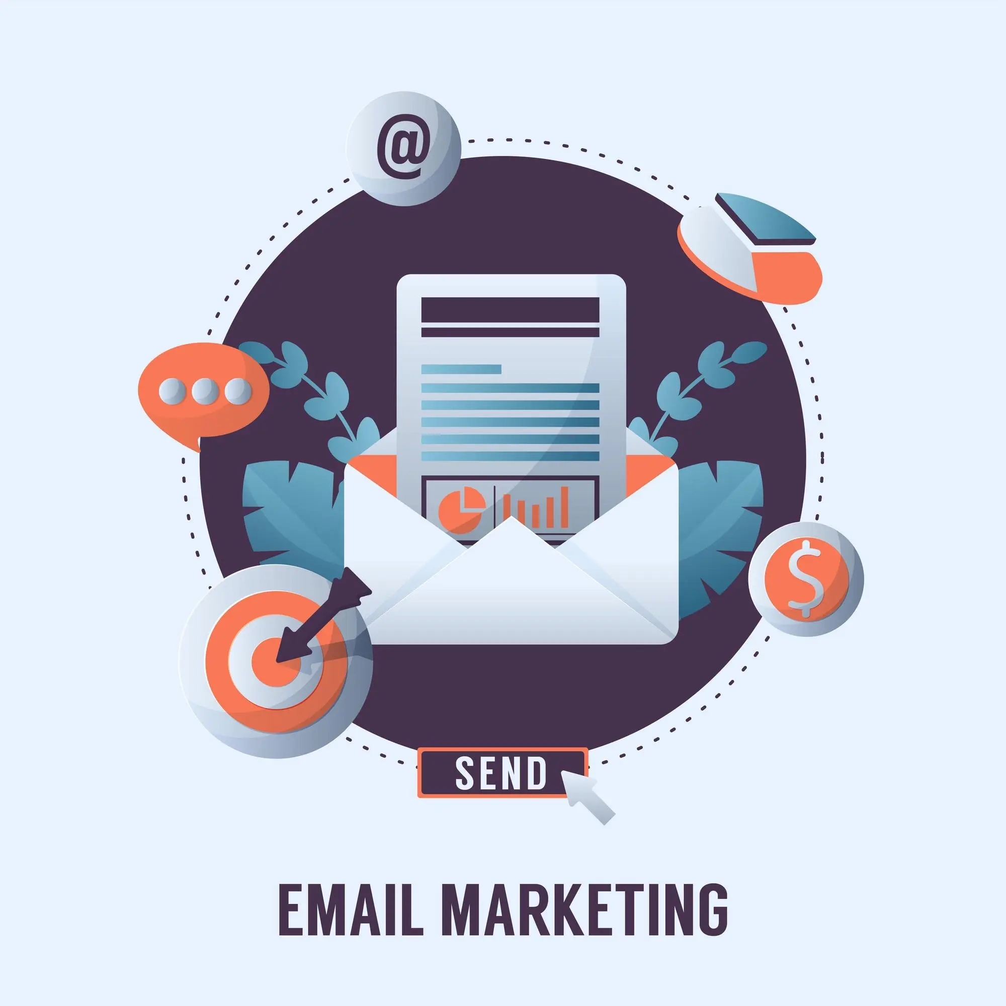 Illustration d’une enveloppe contenant une newsletter entourée d’icônes représentant l’email marketing et ses objectifs