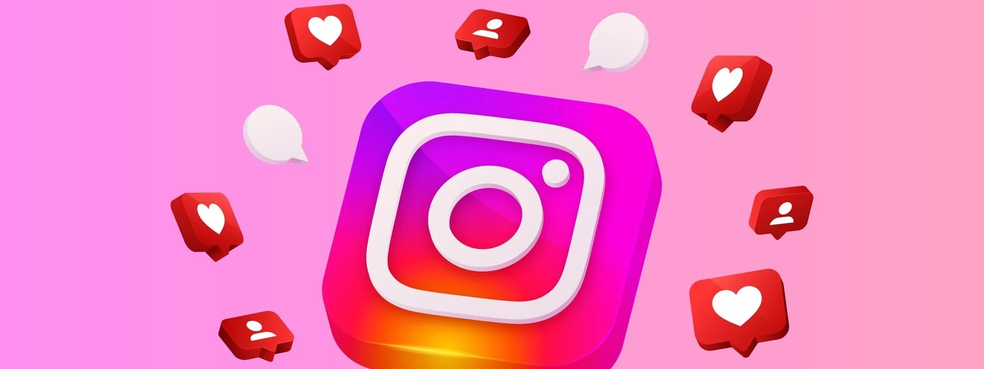 GRADIENT INSTAGRAM SOCIAL MEDIA BACKGROUND_23 2150956638 2000X750 | Cekome Logo 3D d’Instagram entouré d’icônes de likes, abonnés et commentaires sur fond rose dégradé