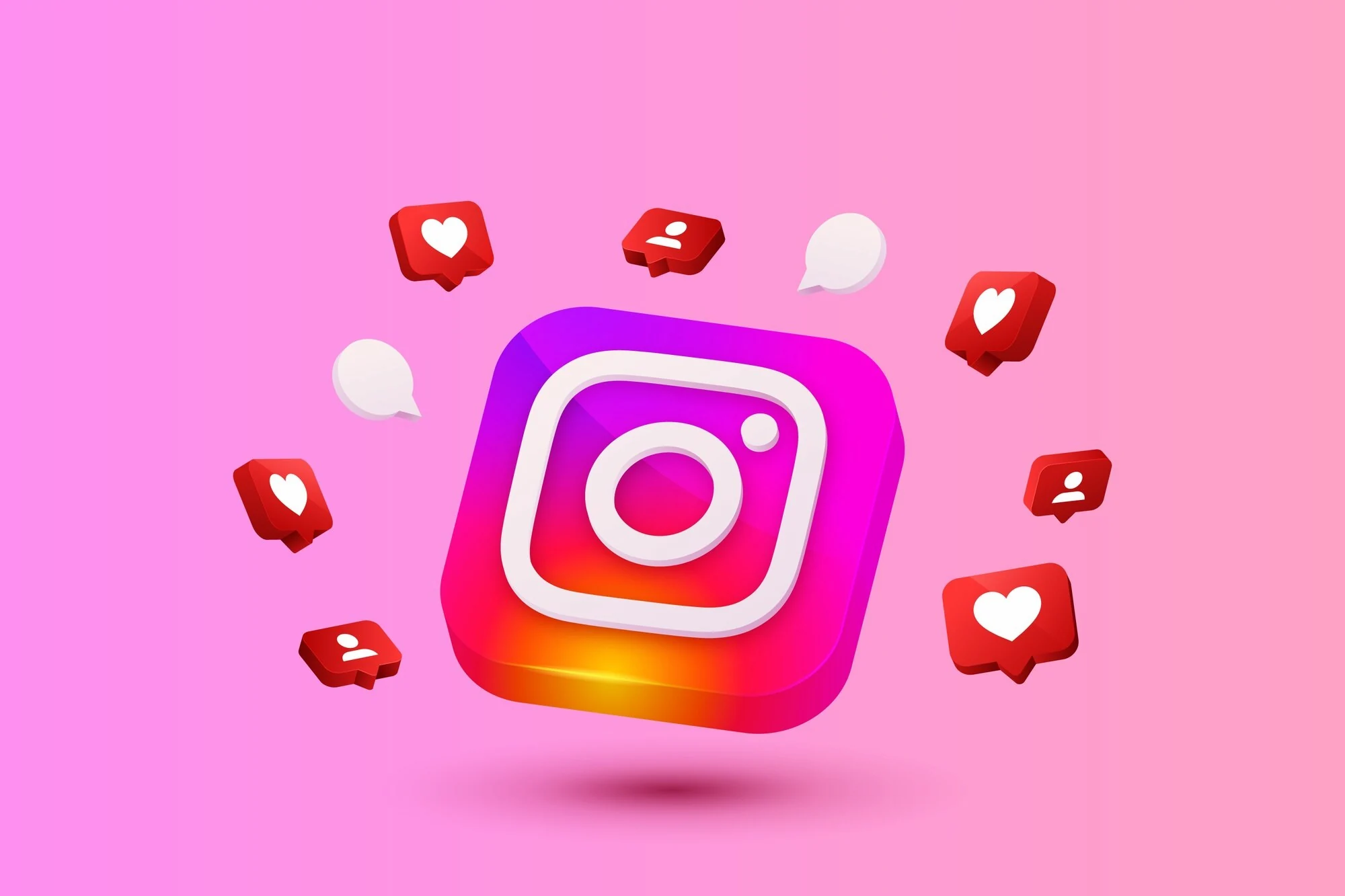 GRADIENT INSTAGRAM SOCIAL MEDIA BACKGROUND_23 2150956638 | Cekome Logo 3D d’Instagram entouré d’icônes de likes, abonnés et commentaires sur fond rose dégradé
