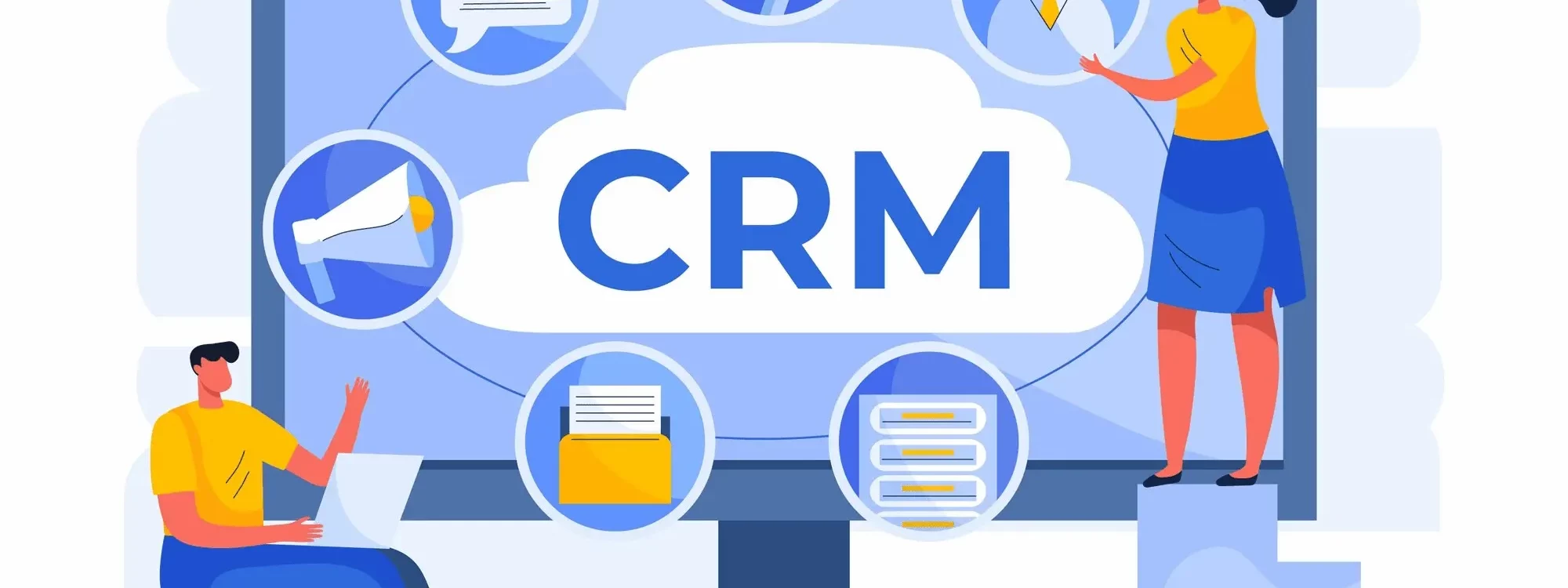 Illustration de deux personnes utilisant un CRM intelligent avec des ic&ocirc;nes repr&eacute;sentant les fonctionnalit&eacute;s de gestion, marketing et donn&eacute;es clients