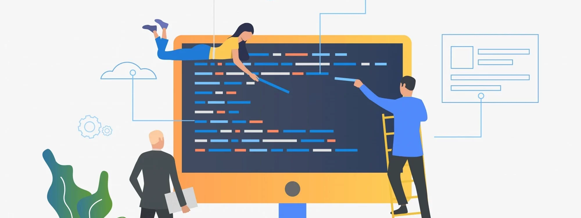 IT SPECIALISTS UPGRADING OPERATING SYSTEM ILLUSTRATION_1262 18941 2000X750 | Cekome Illustration de développeurs collaborant autour d’un grand écran affichant du code, symbolisant le travail d’équipe en programmation