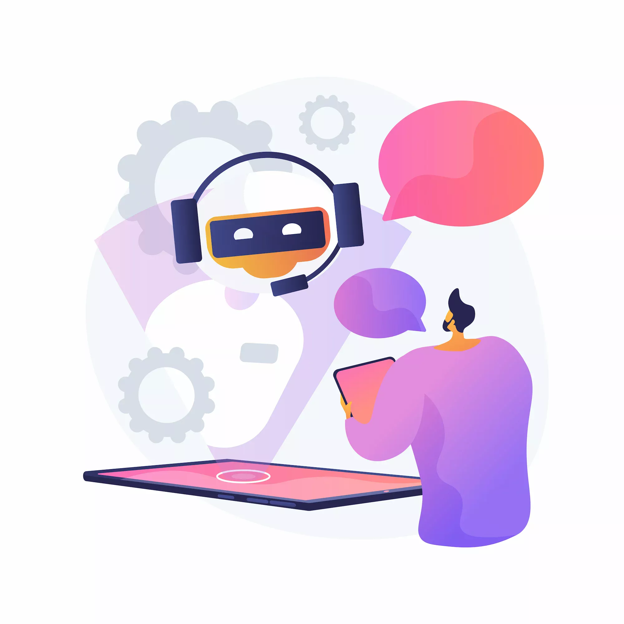 12470219_WAVY_TECH 01_SINGLE 08 | Cekome Illustration d’un chatbot avec casque audio discutant avec un utilisateur via une tablette.