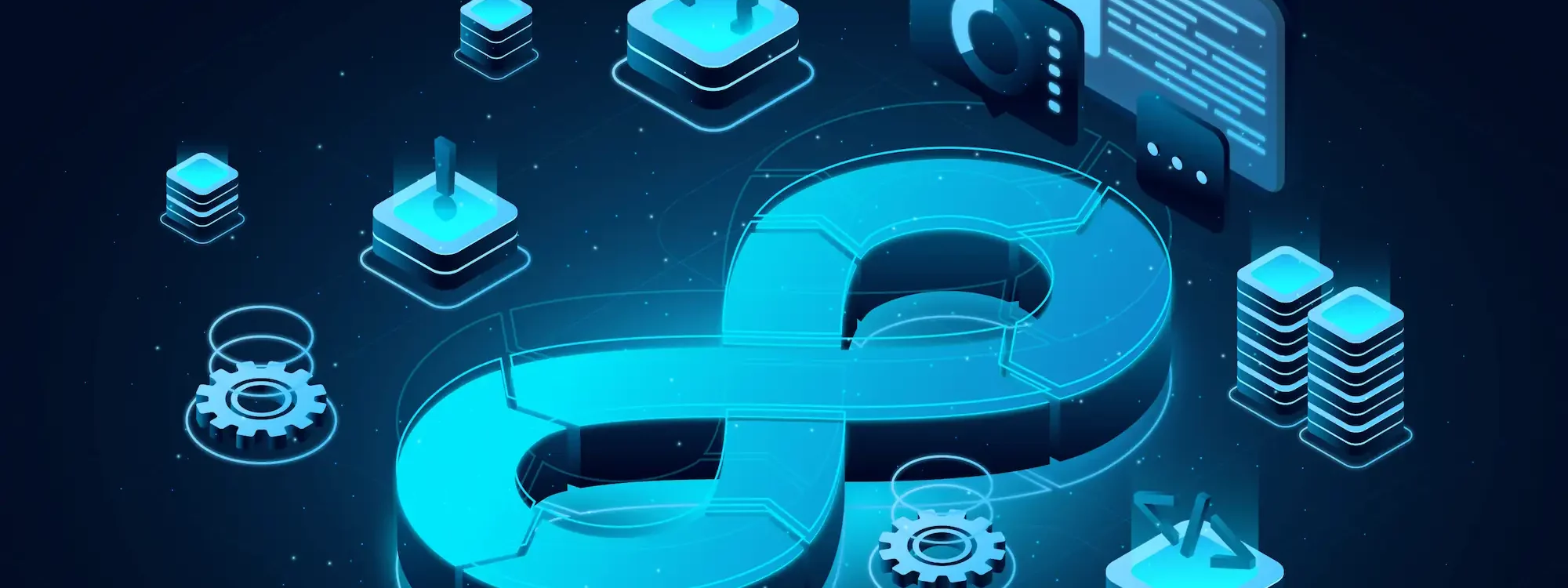 Illustration 3D du cycle DevOps en forme d’infini avec des icônes technologiques et outils numériques autour