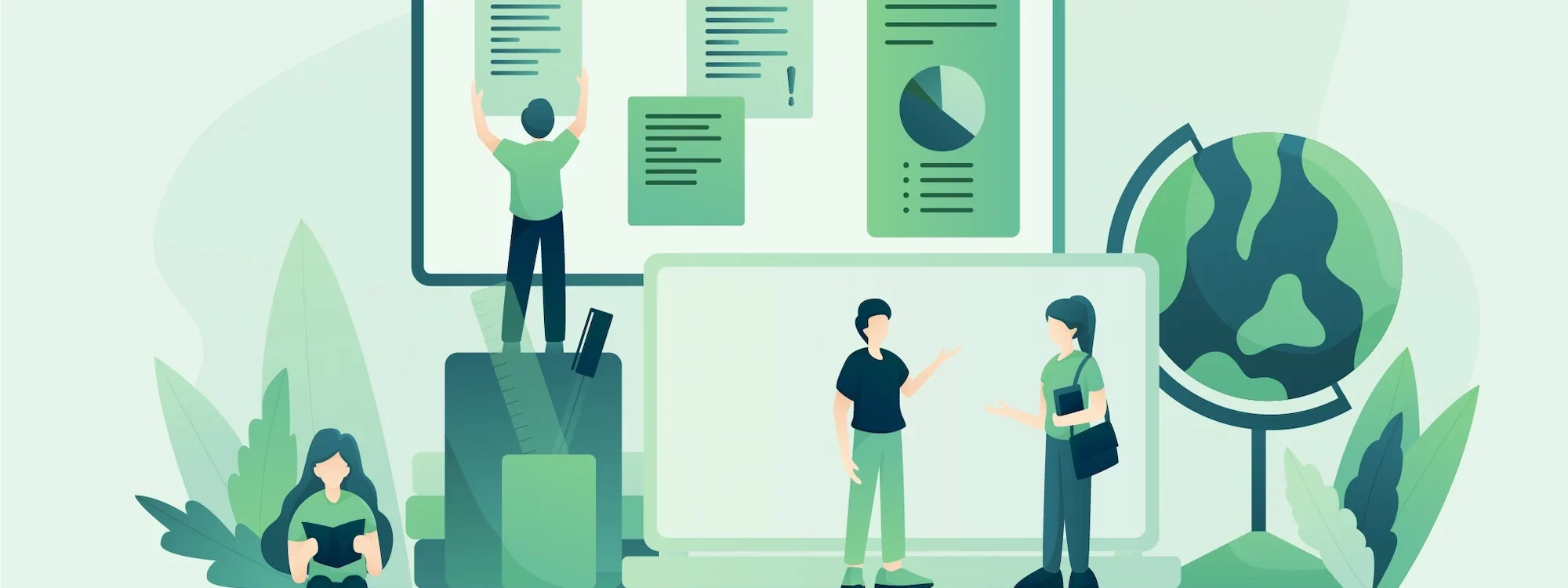 4621077_2431333 2000X750 | Cekome Illustration de jeunes en pleine activité éducative sur fond de tableau, globe terrestre et éléments écologiques