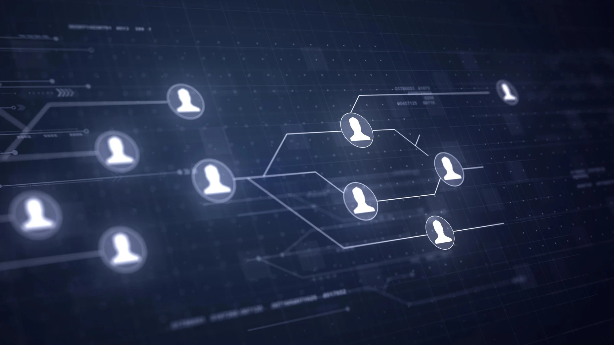 Illustration d’un réseau numérique de profils utilisateurs connectés sur fond technologique sombre