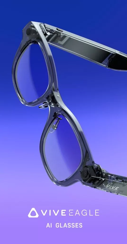 Lunettes intelligentes VIVE EAGLE transparentes avec technologie IA présentées sur fond dégradé bleu et violet