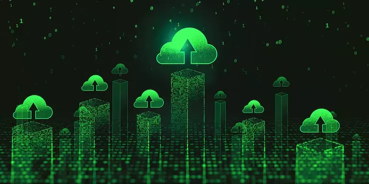 CONCEPT VILLE INTELLIGENTE METAVERSE SYMBOLES NUMERIQUES NUAGE VERT BRILLANT AU DESSUS VISUALISATION GRATTE CIEL FOND TECHNOLOGIQUE SOMBRE NUMEROS CODE BINAIRE RENDU 3D_670147 39249 | Cekome Illustration d’un paysage numérique avec des icônes de cloud vertes représentant le stockage de données en ligne et la technologie cloud computing