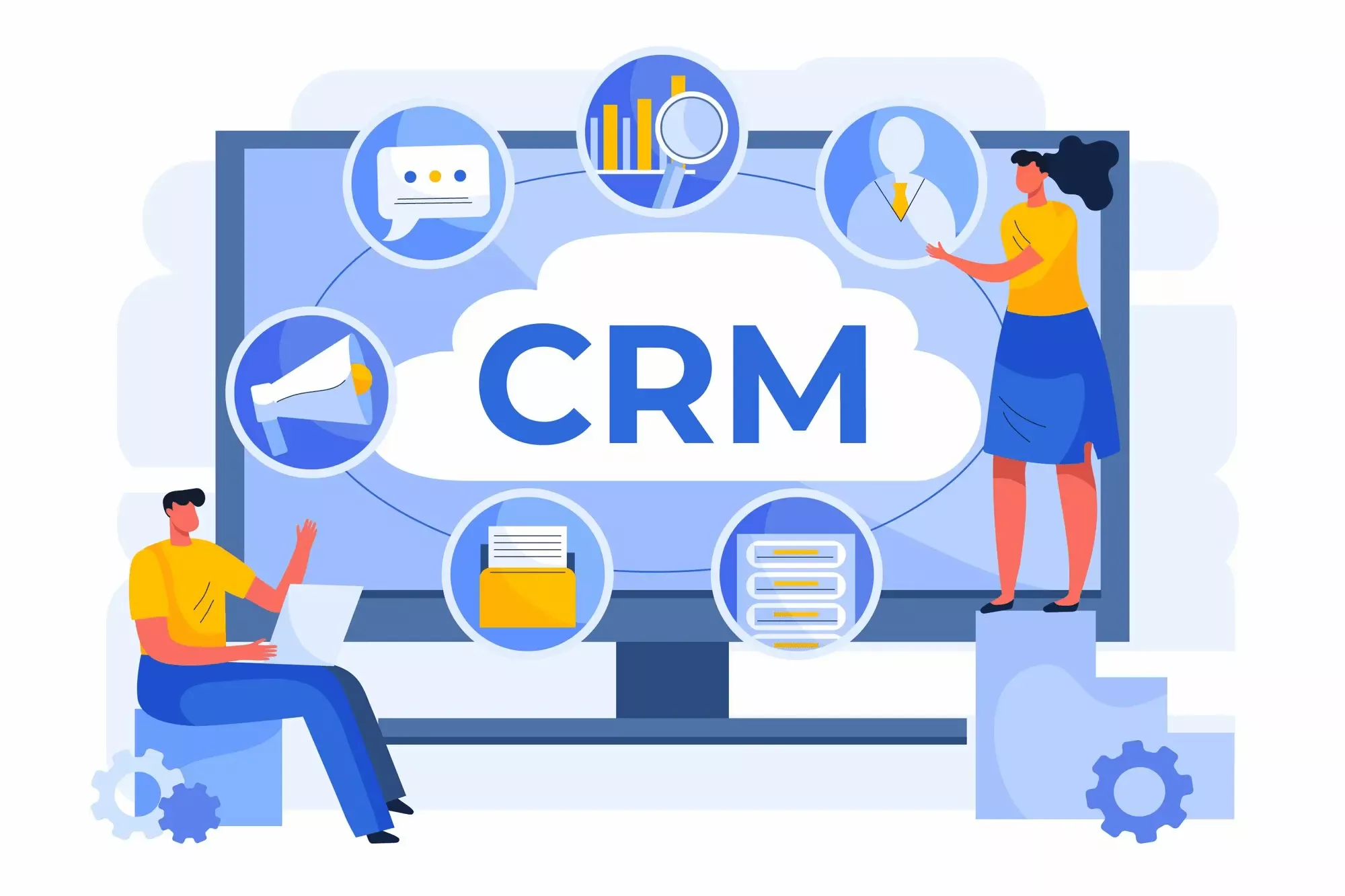 HAND DRAWN FLAT DESIGN CRM ILLUSTRATION_23 2149379498 | Cekome Illustration de deux personnes utilisant un CRM intelligent avec des icônes représentant les fonctionnalités de gestion, marketing et données clients