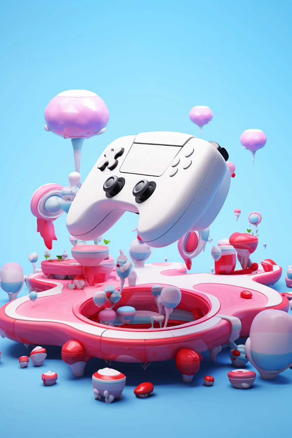 Manette de jeu flottante dans un univers virtuel color&eacute; et futuriste
