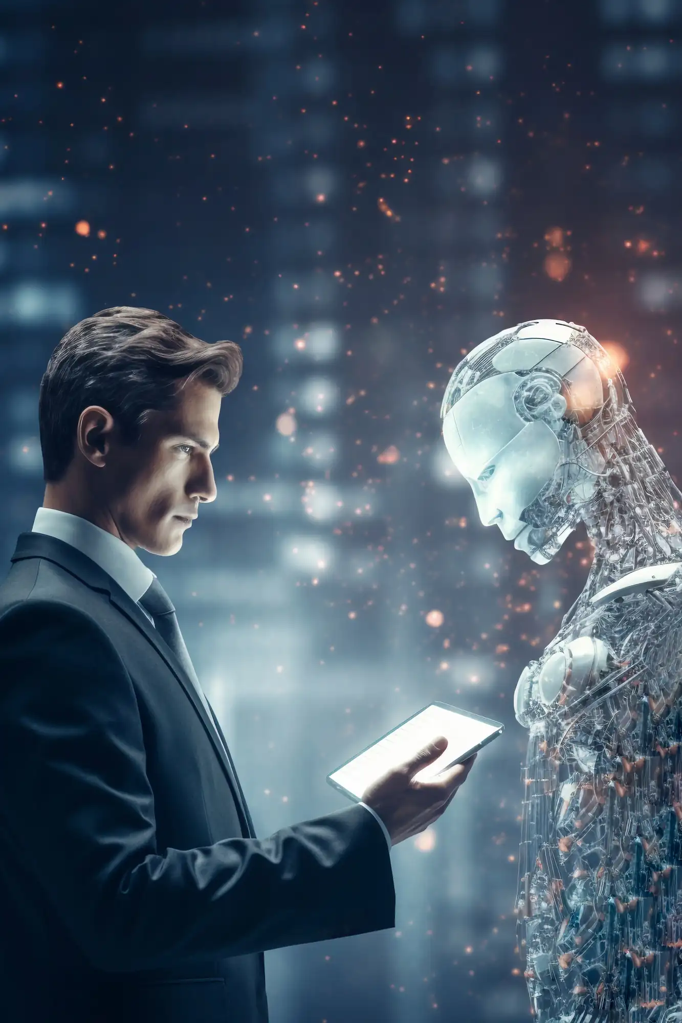 2151015337 | Cekome Homme en costume interagissant avec un robot humanoïde transparent tenant une tablette numérique dans un univers futuriste
