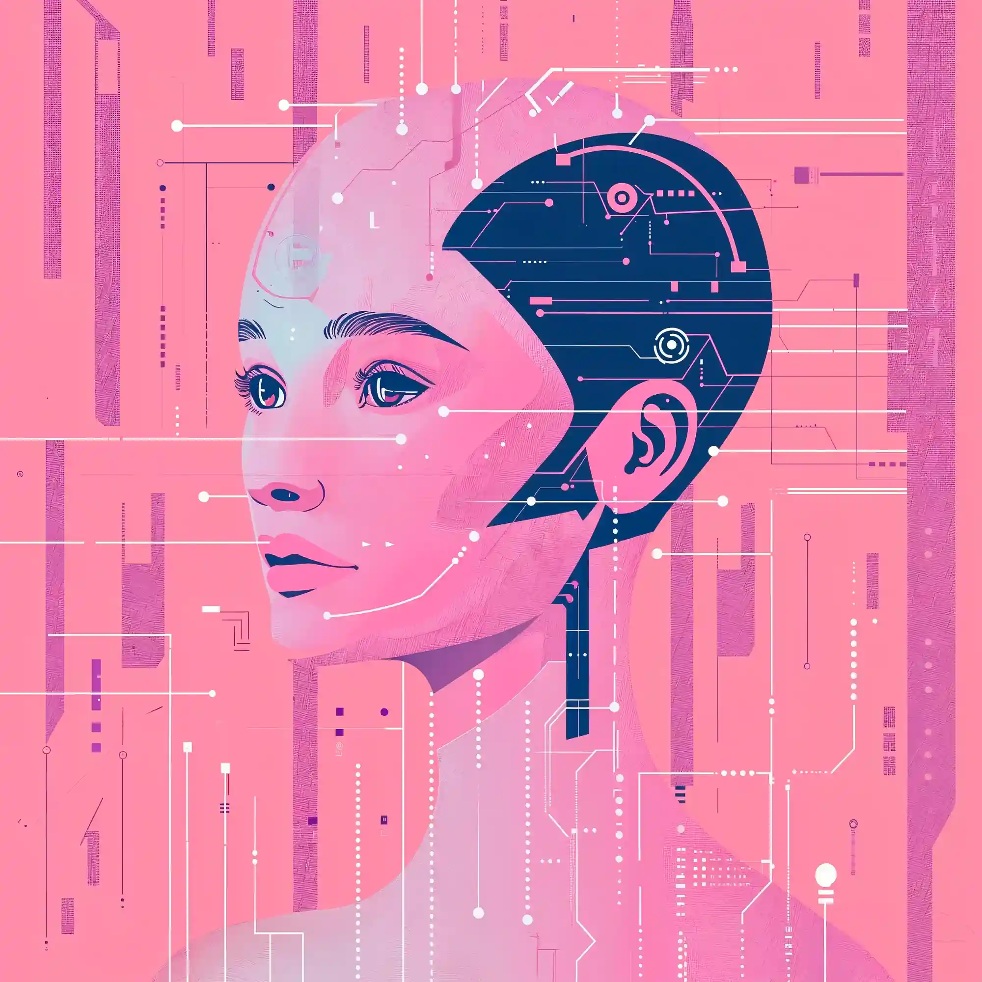 2151719576 | Cekome Illustration d’un visage féminin humanoïde sur fond rose avec des circuits électroniques symbolisant l’intelligence artificielle