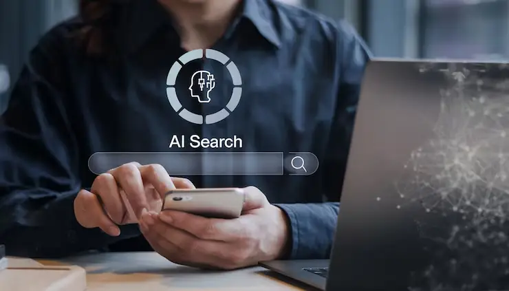 Personne utilisant un smartphone devant un ordinateur portable avec une interface de recherche IA à l'écran