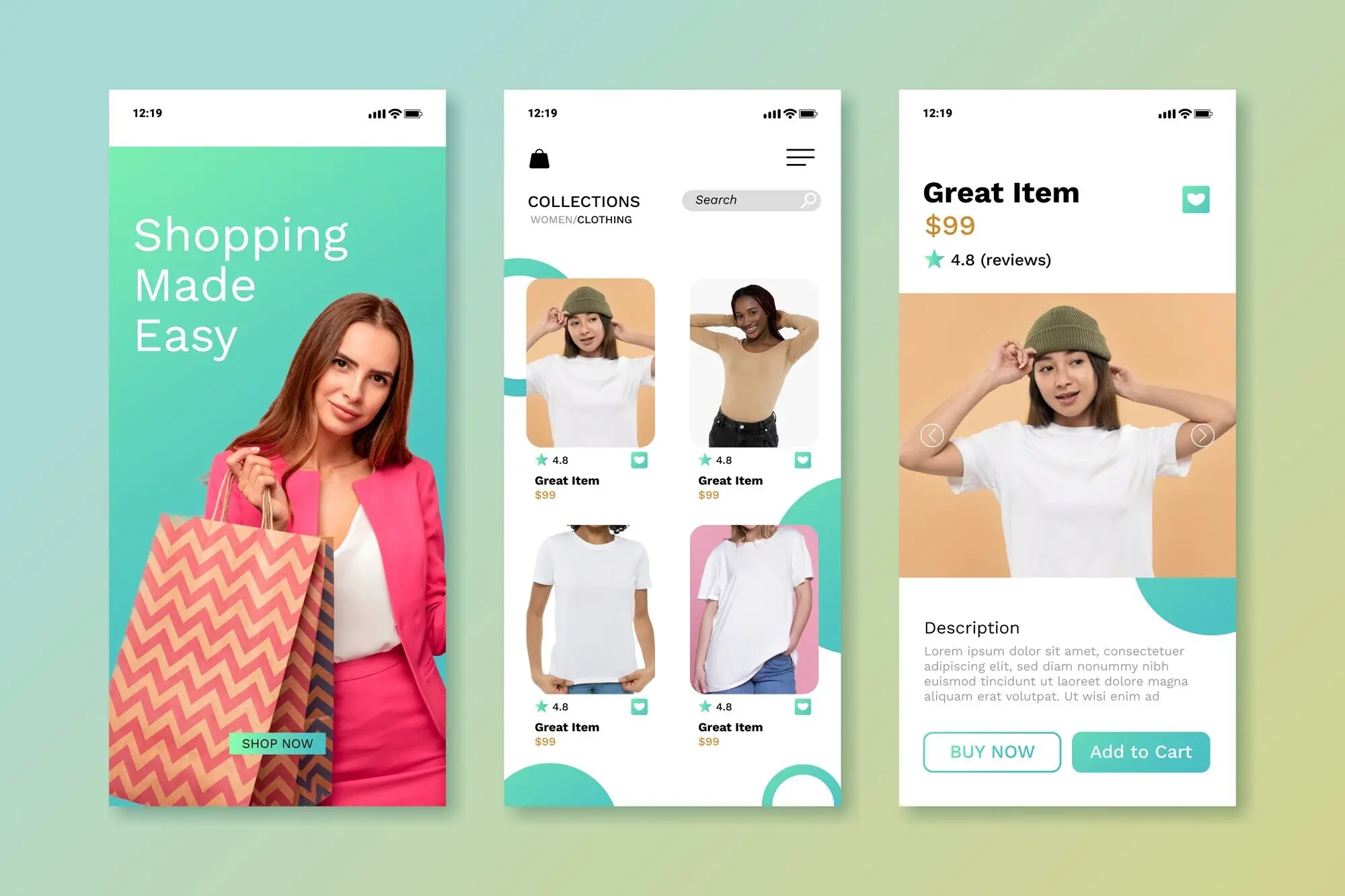 Interface d'application mobile de shopping en ligne