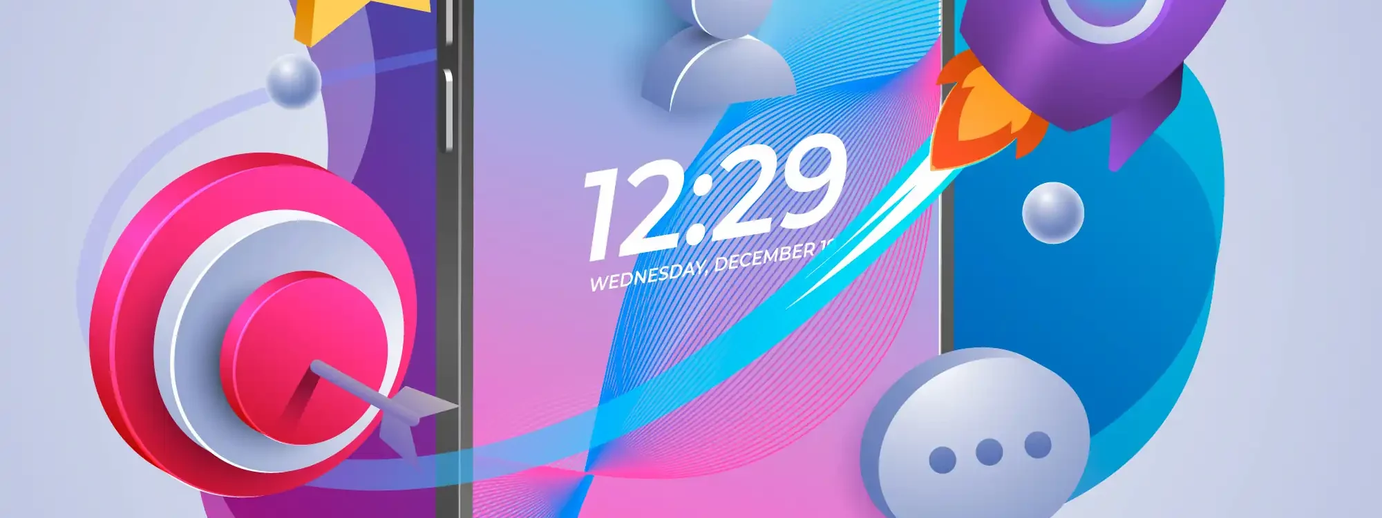 Illustration 3D d’un smartphone entouré d’éléments symbolisant la réussite sur les réseaux sociaux : fusée, cible, médaille, couronne et bulles de messages