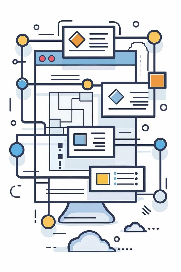CUTE CARTOON STYLE OFA COMPREHENSIVE VIEW ERP SOFTWARE INTERFACE COMPUTER SCREEN_983055 10319 | Cekome Illustration d’une architecture web avec une interface connectée à plusieurs fenêtres de contenu et éléments graphiques interconnecté