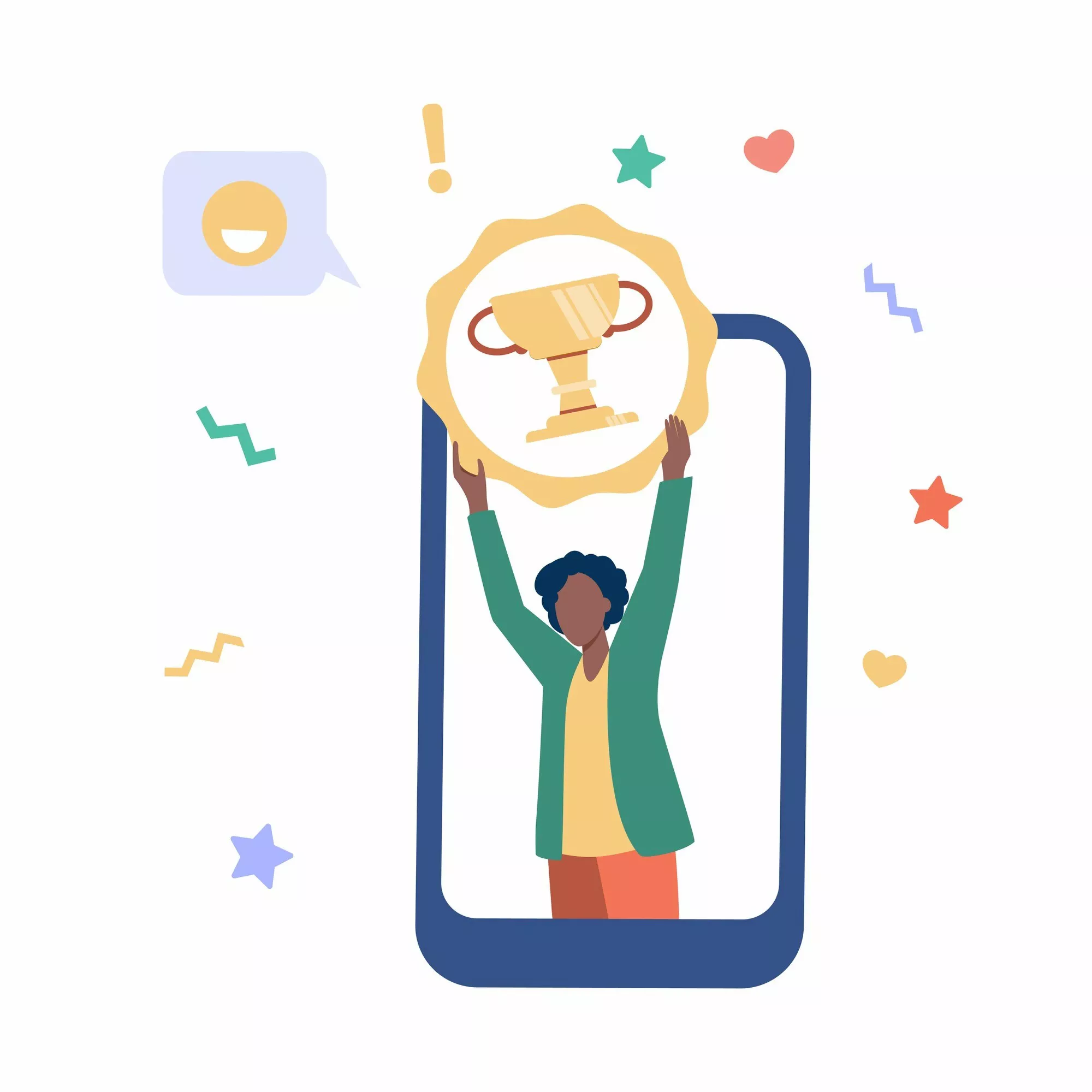 Illustration d’une personne levant un trophée doré en sortant d’un smartphone, représentant une réussite ou récompense digitale dans un univers ludique et coloré.