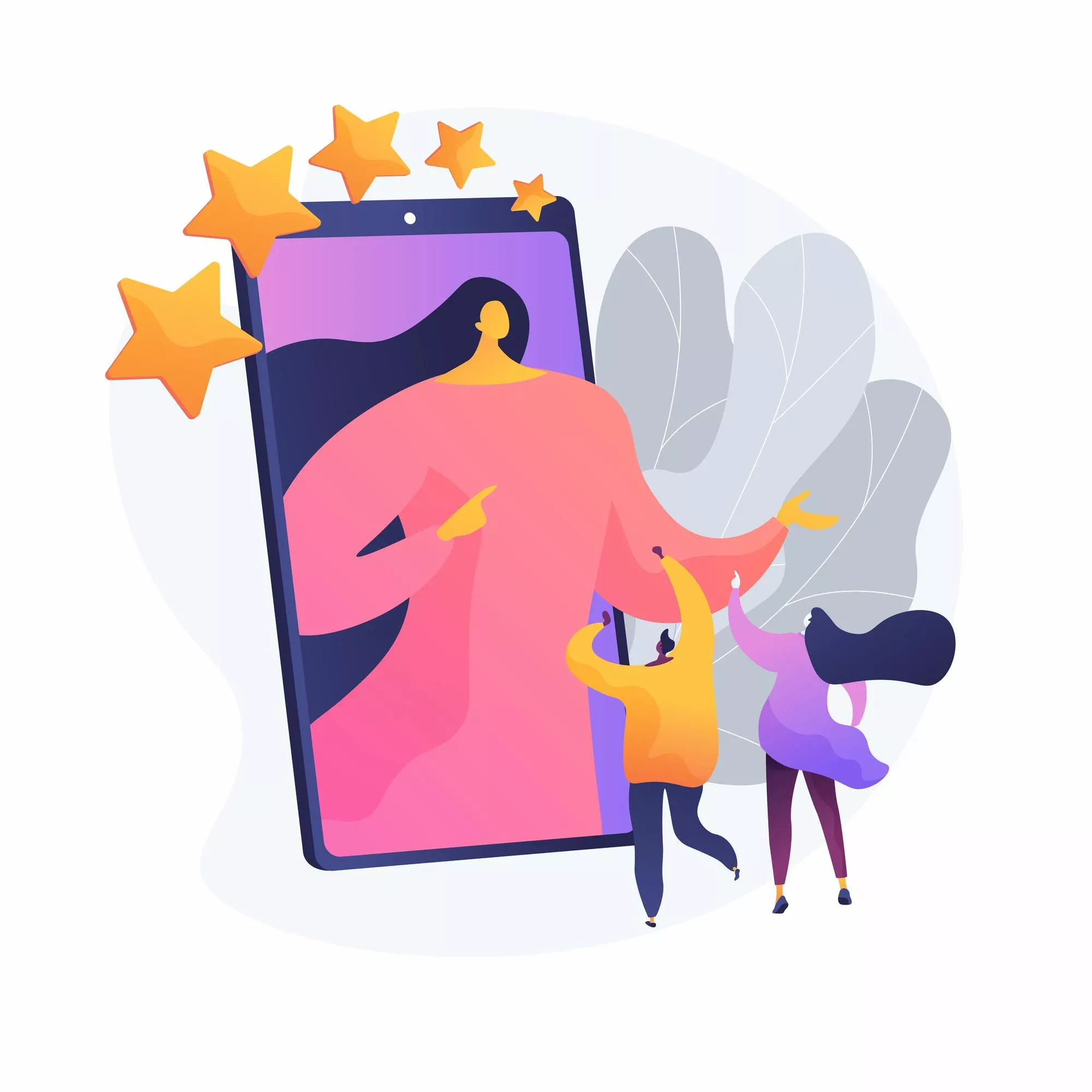 Illustration colorée représentant une grande influenceuse virtuelle sortant d’un smartphone, entourée d’étoiles et de deux admirateurs, symbolisant la notoriété et la reconnaissance sur les réseaux sociaux.