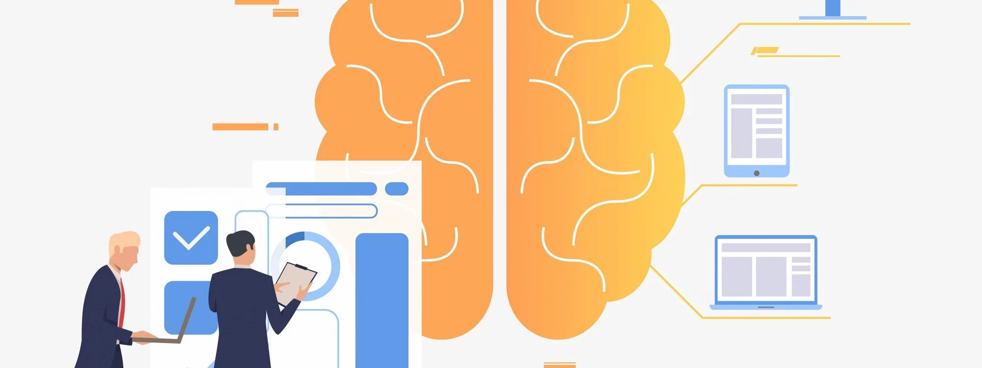 Illustration de deux hommes analysant des donn&eacute;es devant un cerveau stylis&eacute; connect&eacute; &agrave; diff&eacute;rents appareils num&eacute;riques symbolisant l&rsquo;intelligence artificielle