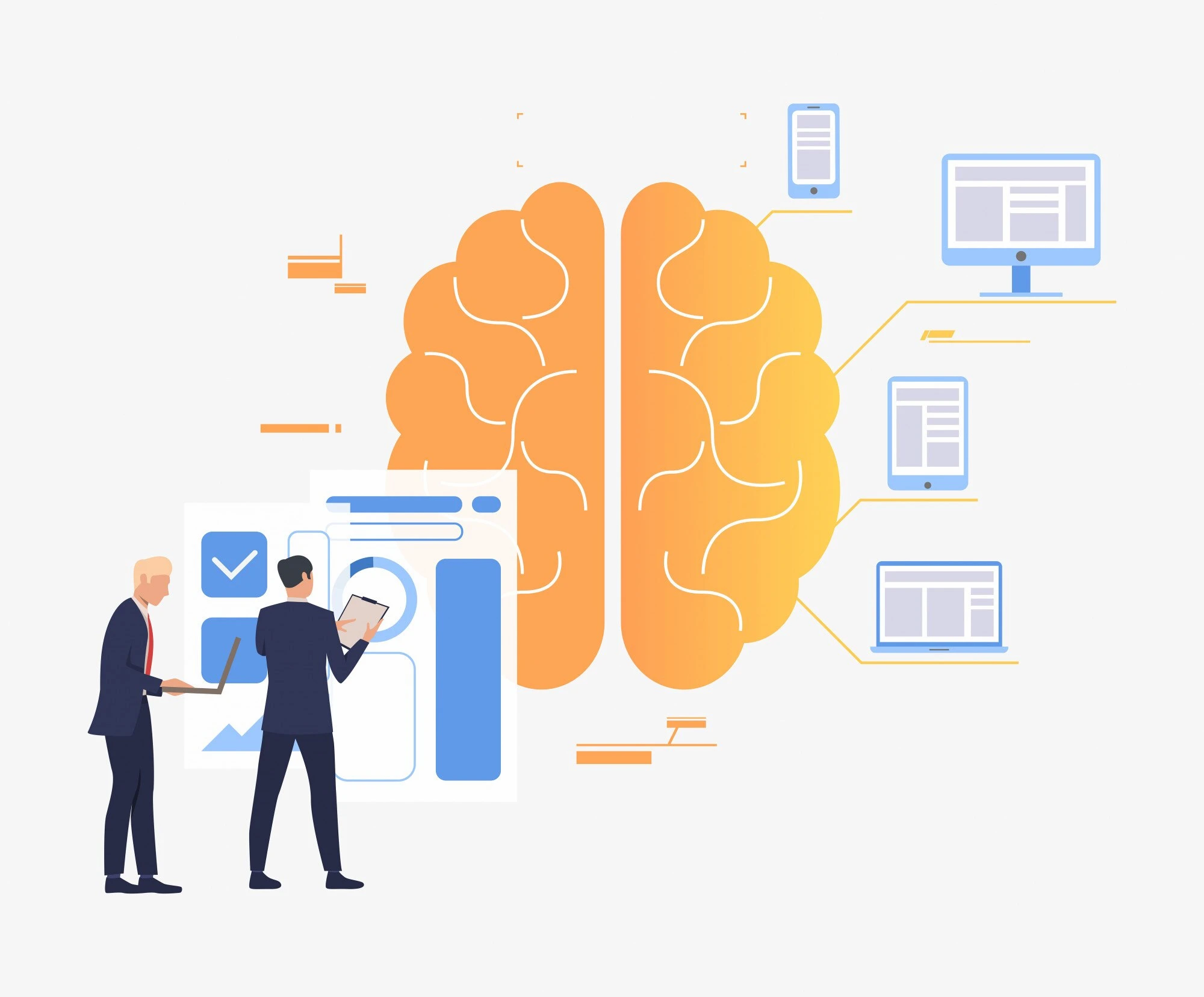 Illustration de deux hommes analysant des données devant un cerveau stylisé connecté à différents appareils numériques symbolisant l’intelligence artificielle