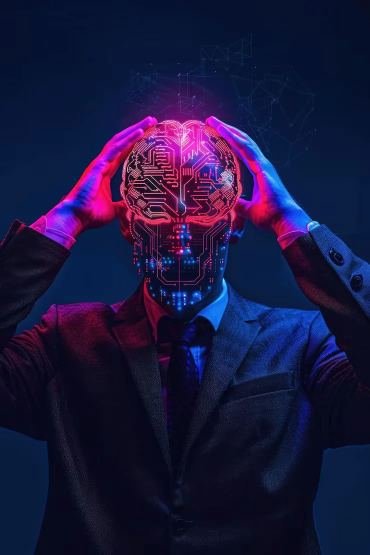 BUSINESSMAN WITH DIGITAL BRAIN NEON LIGHTS_1244150 1915 | Cekome Homme en costume tenant sa tête avec un cerveau numérique lumineux symbolisant l’intelligence artificielle et la technologie futuriste