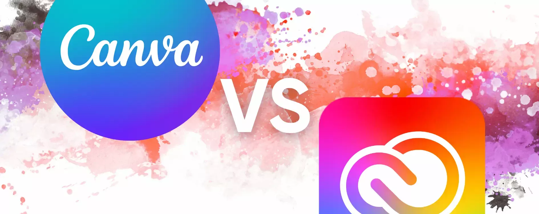 CANVA VS ADOBE 1890X750 | Cekome Comparaison visuelle entre Canva et Adobe Creative Cloud sur fond coloré artistique