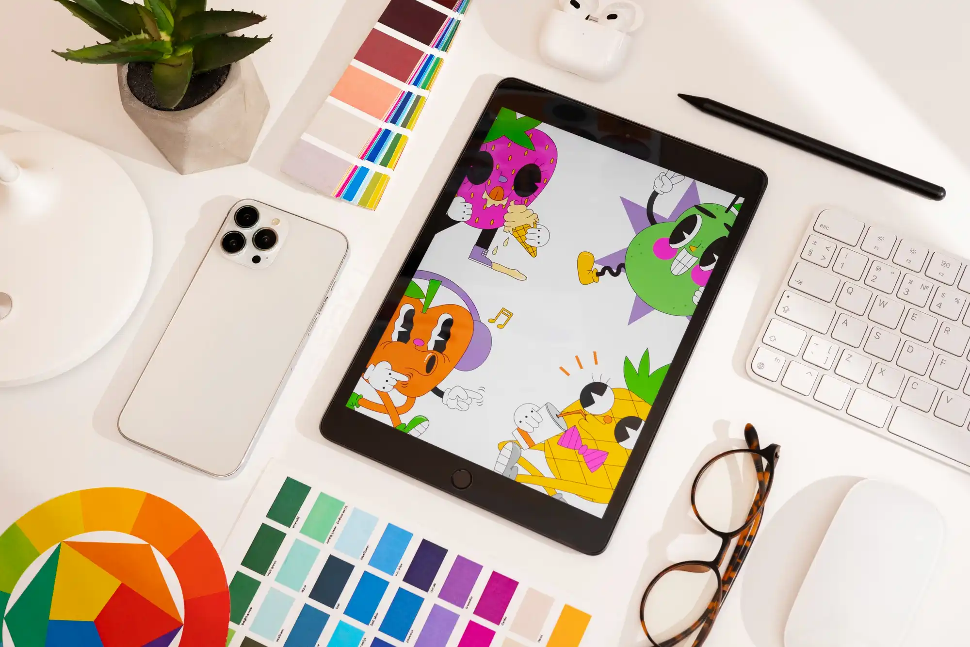 Tablette affichant des illustrations color&eacute;es pos&eacute;e sur un bureau avec nuancier, smartphone, lunettes, clavier, plante et accessoires de design graphique