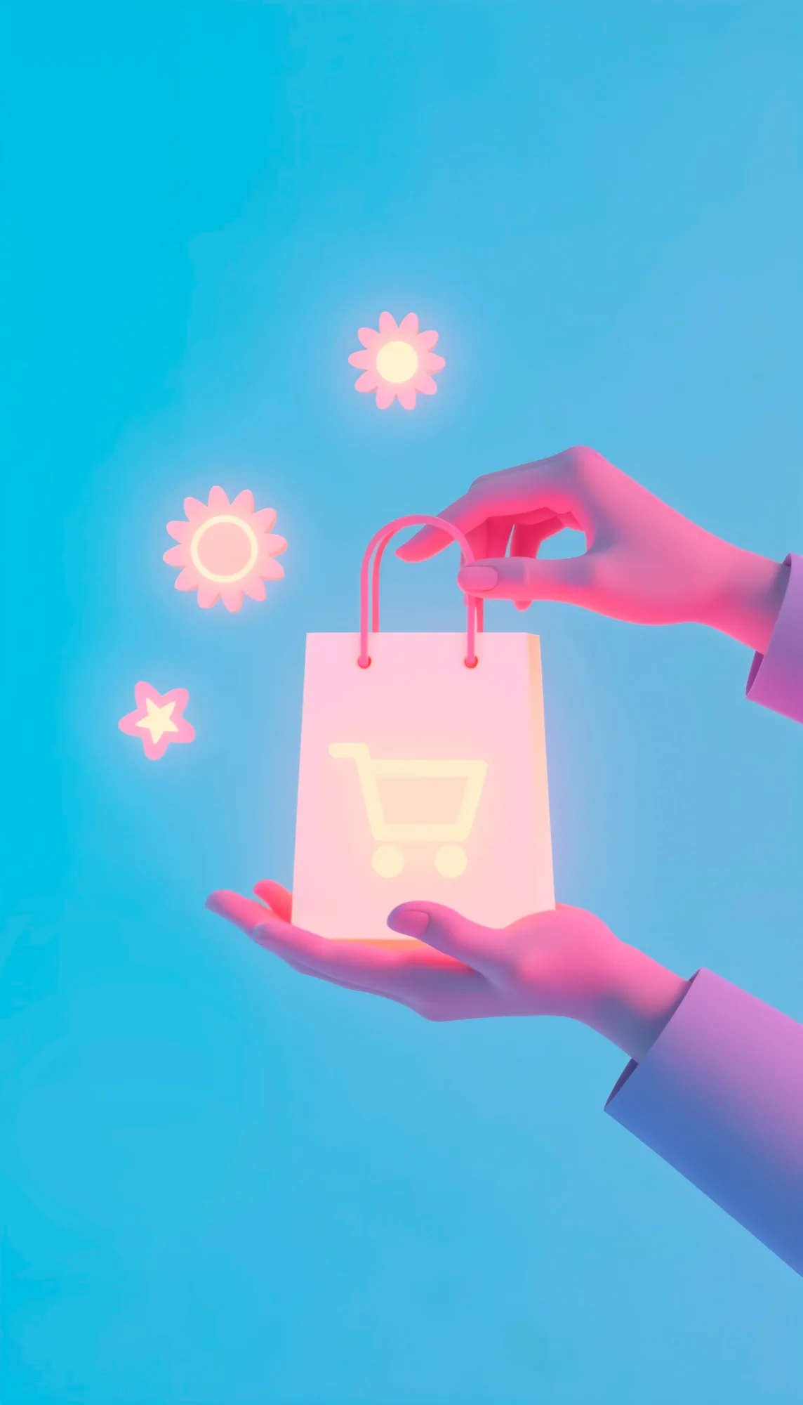 Sac d&rsquo;achat lumineux avec ic&ocirc;ne de caddie tenu par deux mains dans un d&eacute;cor rose et bleu, symbolisant le commerce en ligne ou l&rsquo;exp&eacute;rience client digitale