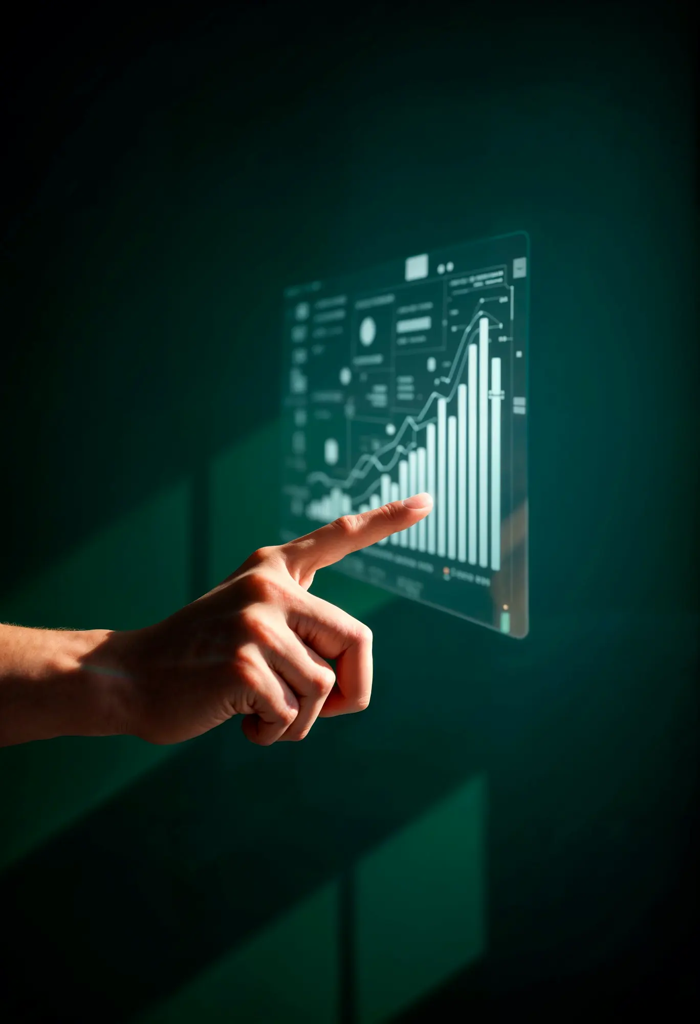 Main pointant un graphique en barres interactif sur un &eacute;cran virtuel transparent, illustrant l&rsquo;analyse de donn&eacute;es ou la croissance num&eacute;rique
