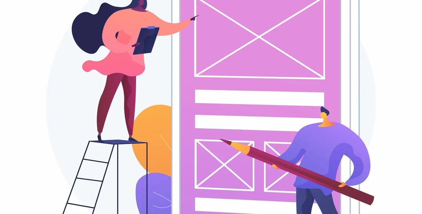 Deux personnes con&ccedil;oivent l&rsquo;interface d&rsquo;une application mobile sur une maquette g&eacute;ante de smartphone