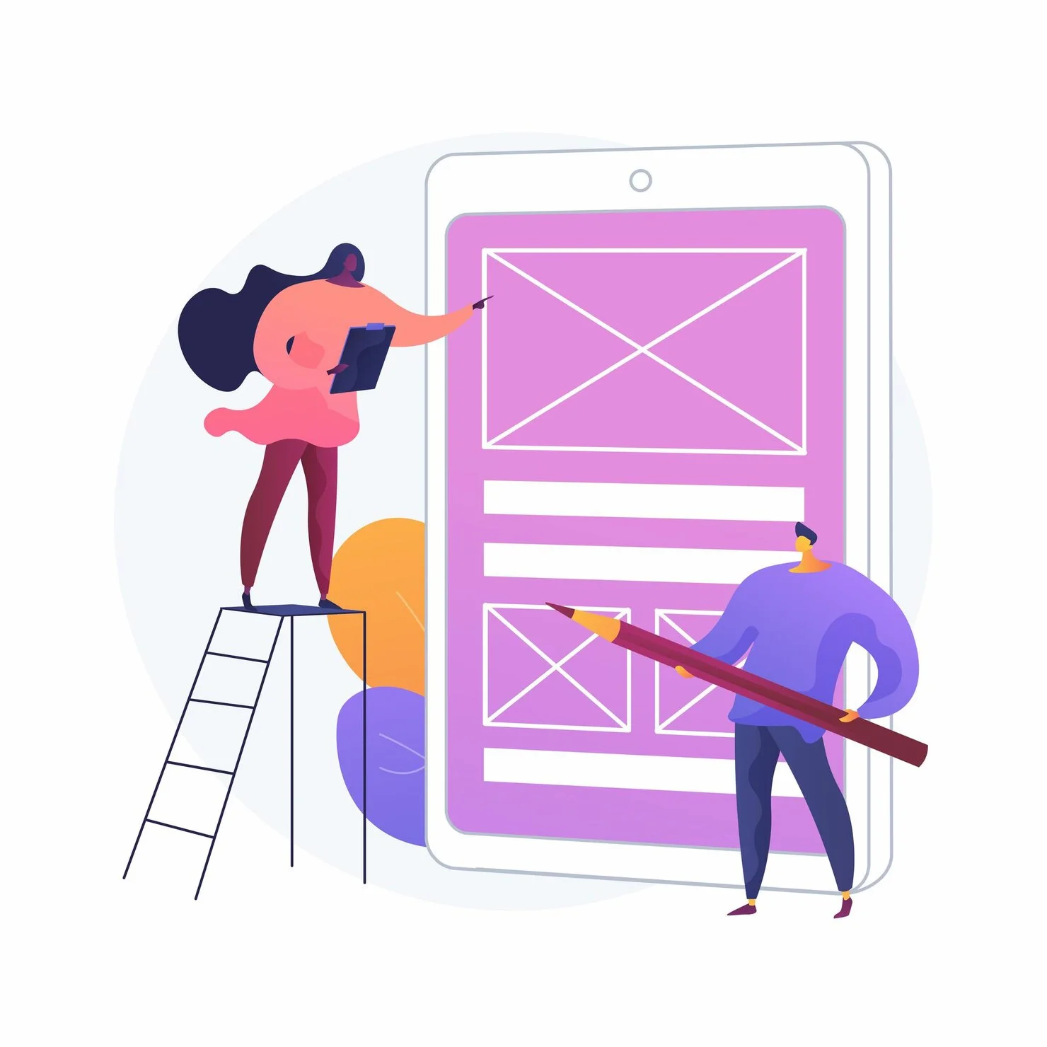 Deux personnes con&ccedil;oivent l&rsquo;interface d&rsquo;une application mobile sur une maquette g&eacute;ante de smartphone