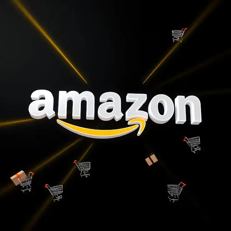 4545352 | Cekome Logo 3D d’Amazon en blanc avec flèche jaune, entouré de caddies et colis en mouvement sur fond noir avec faisceaux lumineux