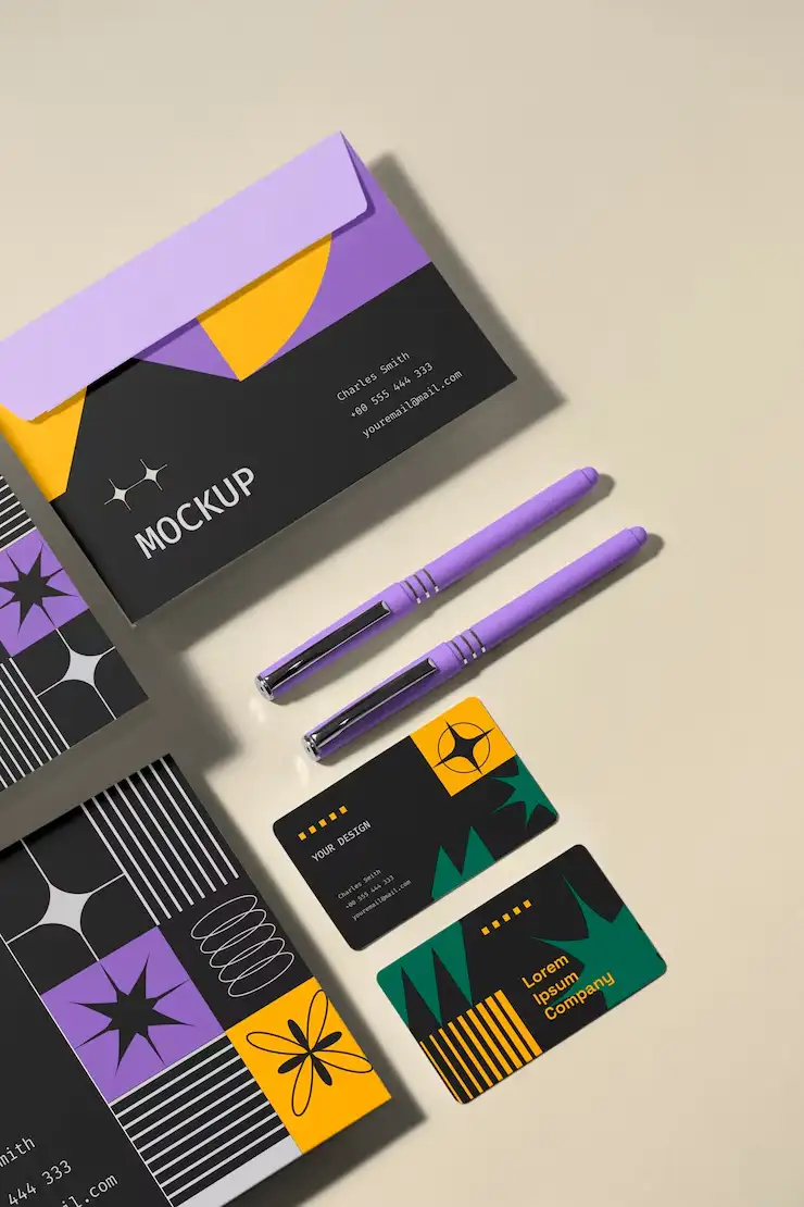 Papeterie professionnelle color&eacute;e avec cartes de visite, enveloppe personnalis&eacute;e, stylos violets et design graphique moderne sur fond beige