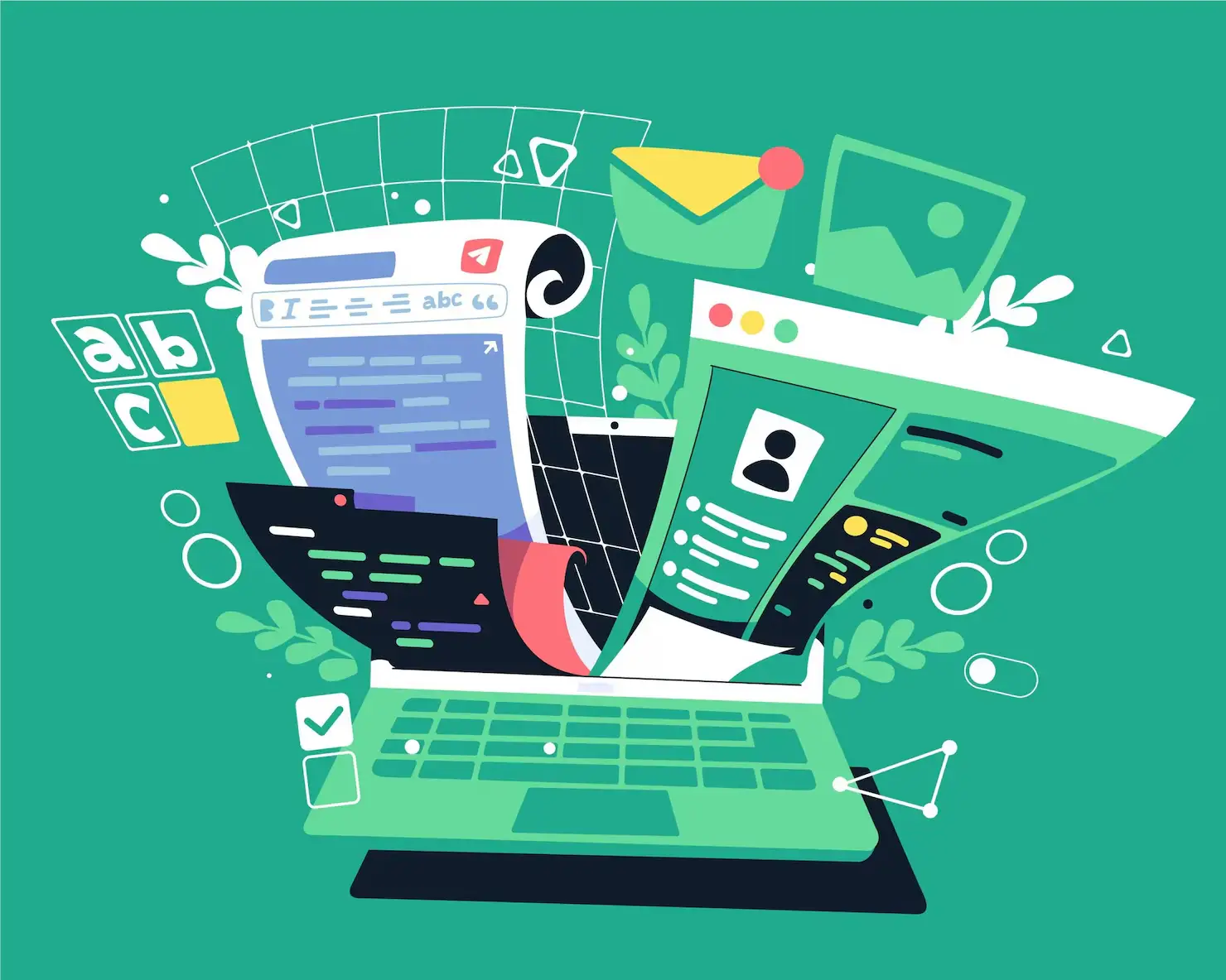 Ordinateur portable avec des &eacute;l&eacute;ments graphiques anim&eacute;s repr&eacute;sentant la cr&eacute;ation de contenu web et le d&eacute;veloppement num&eacute;rique