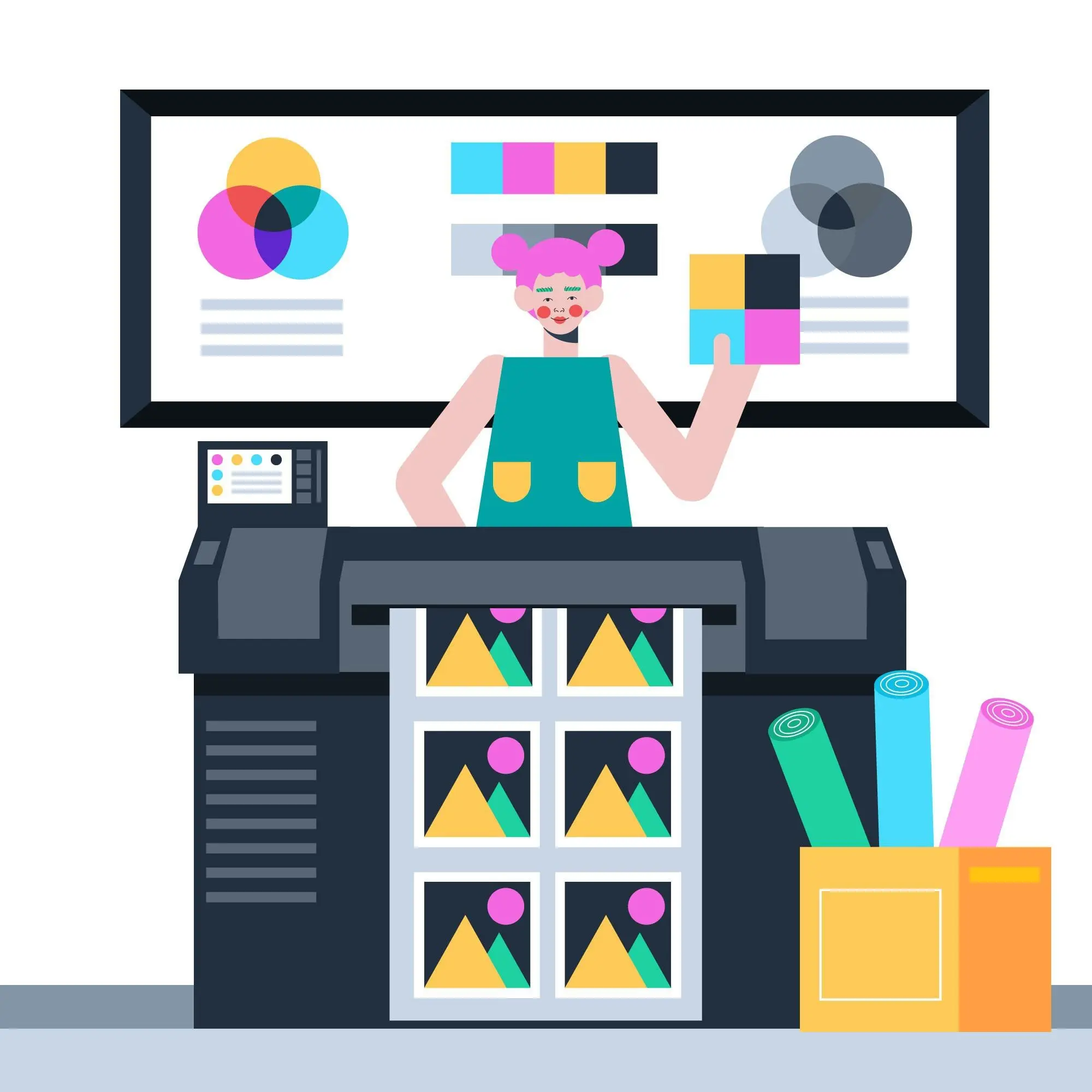 94949240 | Cekome Femme devant une imprimante grand format avec des échantillons de couleurs et des impressions graphiques