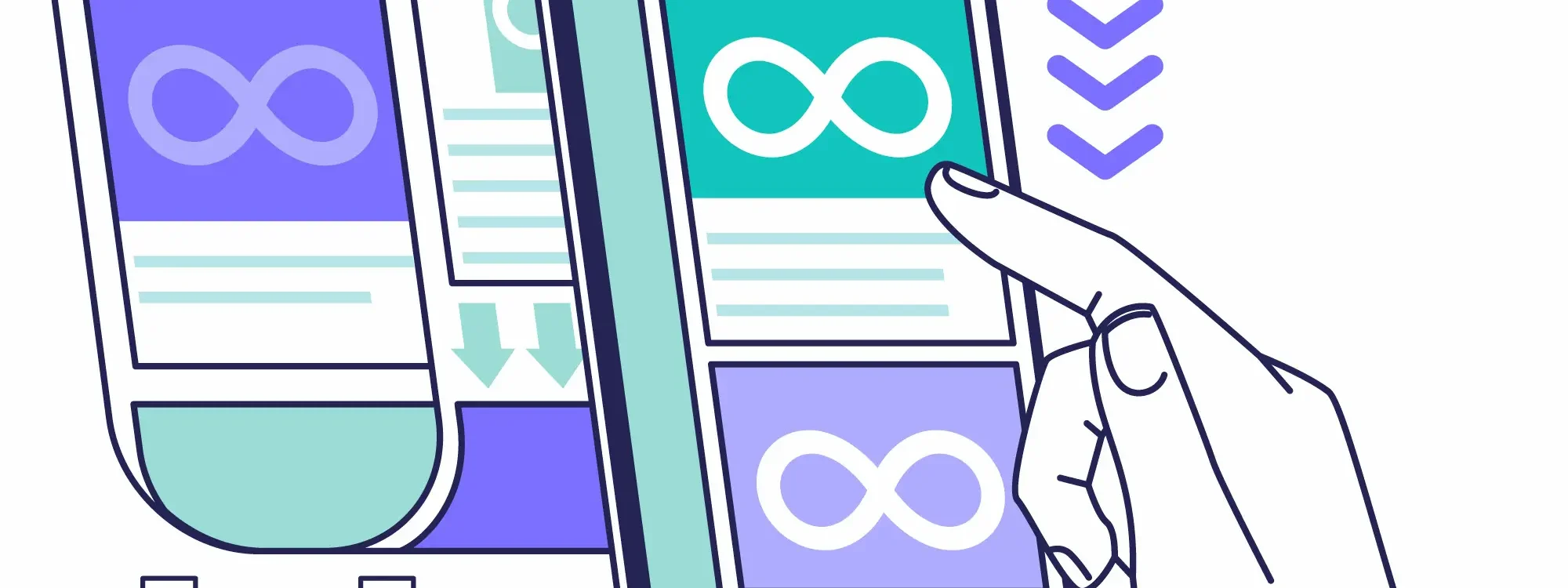 9518376 2000X750 | Cekome Illustration d'une main interagissant avec un smartphone affichant un scroll infini, symbolisé par des icônes d'infini et des flèches de défilement