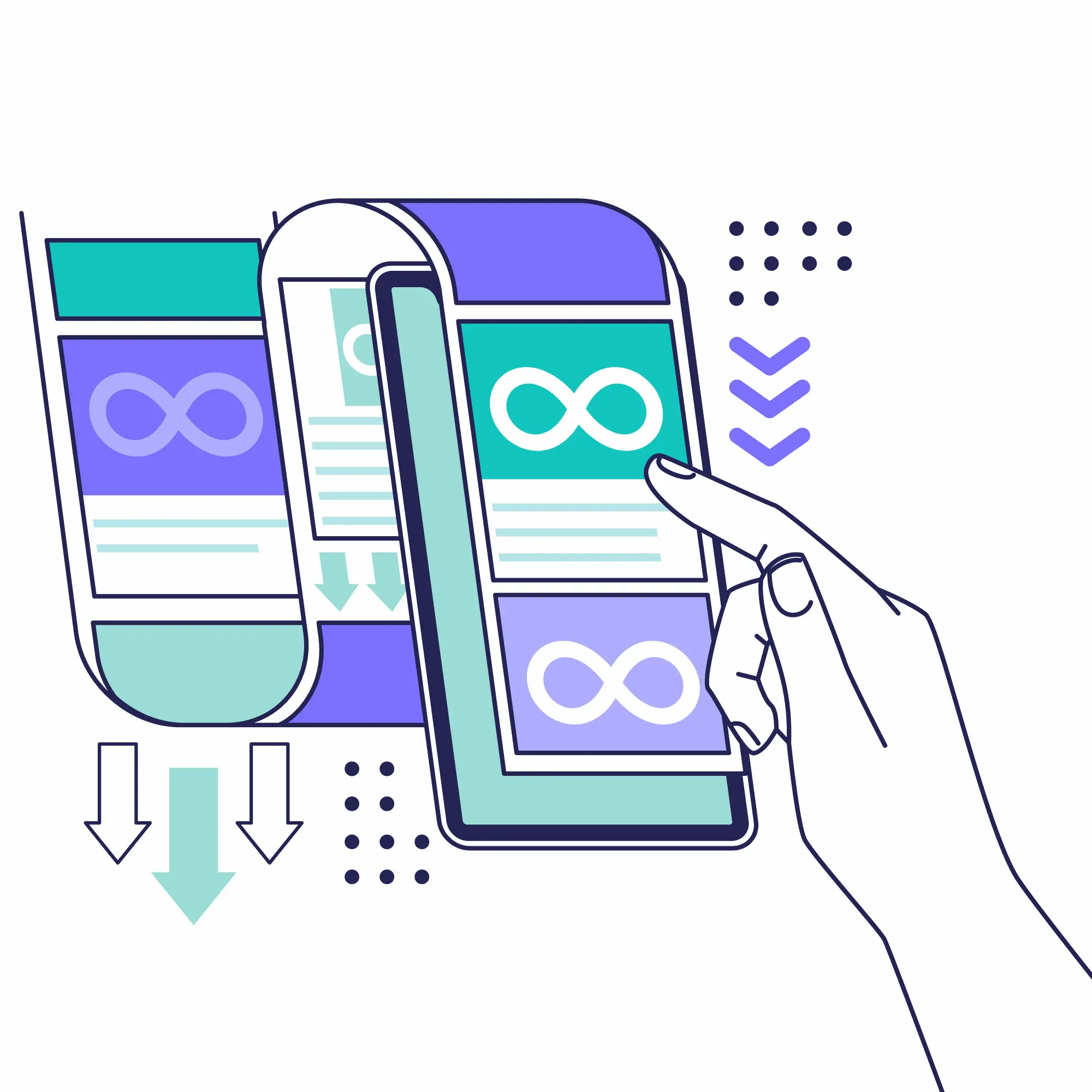 9518376 | Cekome Illustration d'une main interagissant avec un smartphone affichant un scroll infini, symbolisé par des icônes d'infini et des flèches de défilement