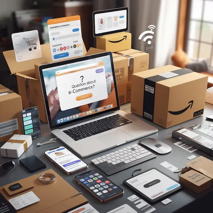 Bureau rempli de colis Amazon, appareils connect&eacute;s et &eacute;cran d&rsquo;ordinateur affichant une interface e-commerce, illustrant la gestion des ventes en ligne
