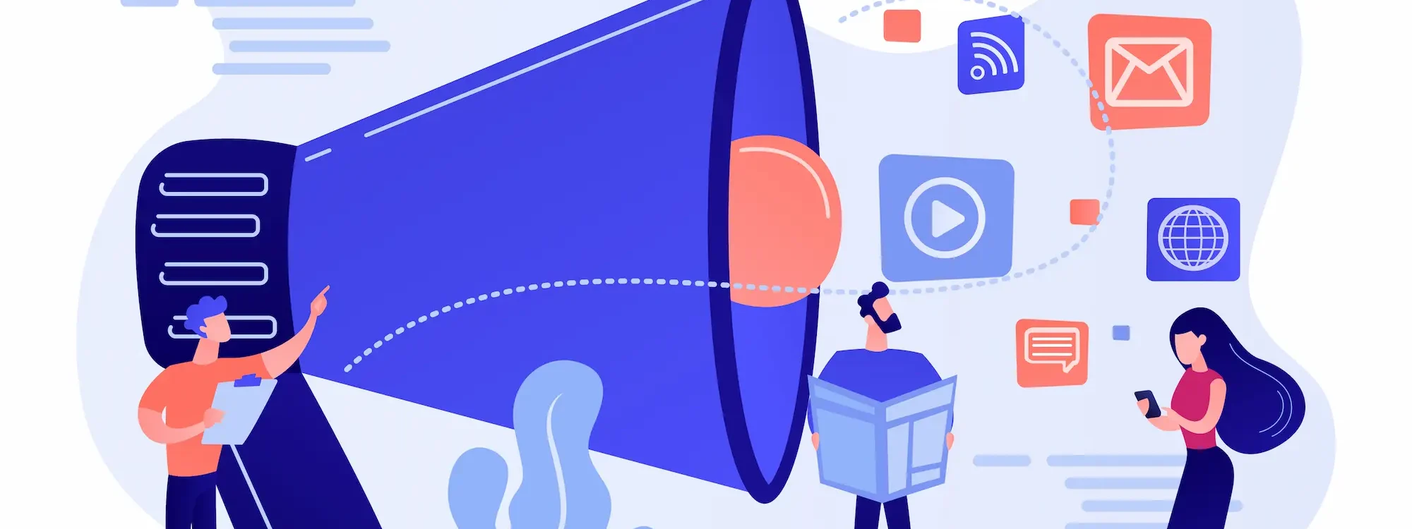 Illustration de personnes interagissant avec un m&eacute;gaphone g&eacute;ant diffusant des contenus num&eacute;riques, symbolisant la communication et le marketing digital.