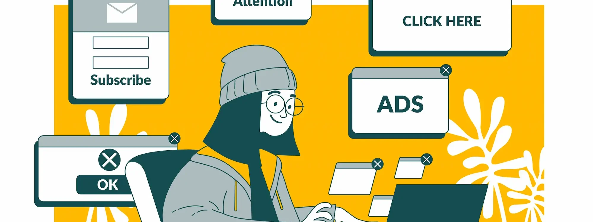 18954521_6076520 2000X750 | Cekome Illustration d’un internaute souriant devant son ordinateur, entouré de fenêtres pop-up publicitaires et de messages d’alerte en ligne.