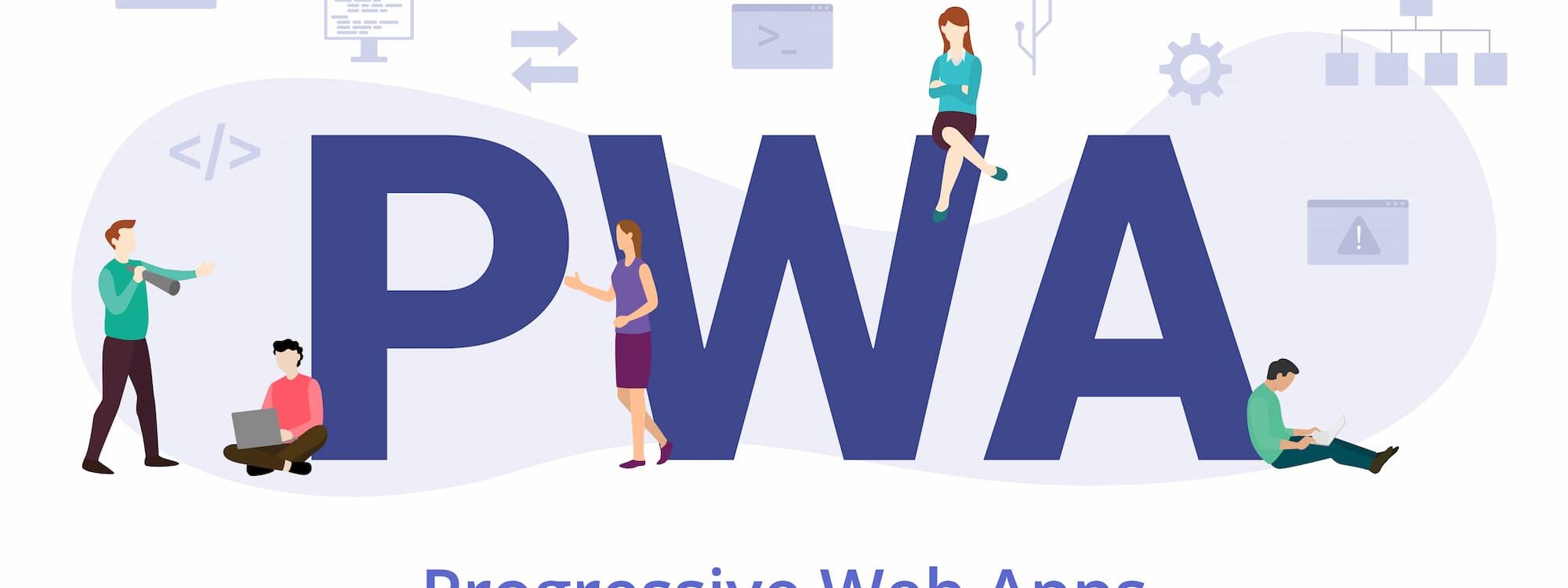 ILLUSTRATION DU CONCEPT DE PROGRESSIVE WEB APPS AVEC DES DEVELOPPEURS AUTOUR DES LETTRES PWA 2000X750 | Cekome Illustration du concept de Progressive Web Apps avec des développeurs autour des lettres PWA