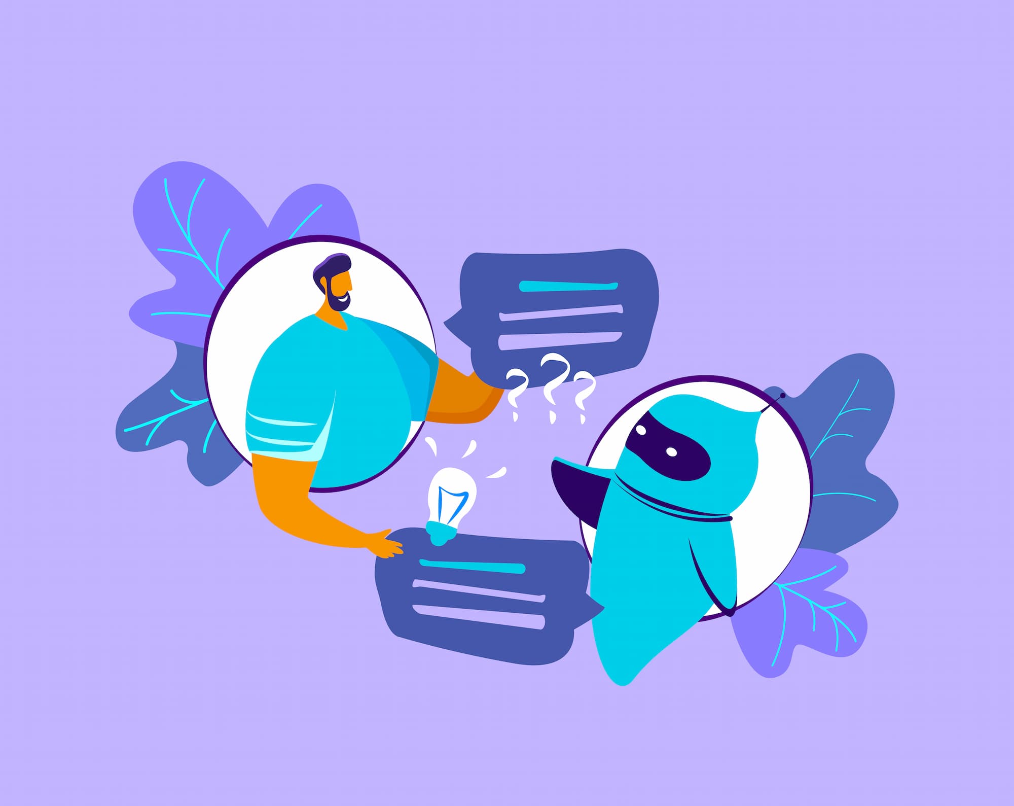 ILLUSTRATION DUN ECHANGE ENTRE UN HOMME ET UN ROBOT AVEC DES BULLES DE DIALOGUE SUR FOND VIOLET | Cekome Illustration d’un échange entre un homme et un robot avec des bulles de dialogue sur fond violet